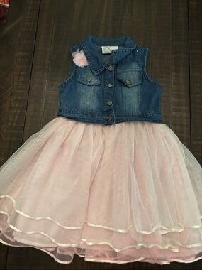 Rare Editions Denim Vest Pink Tulle Dress